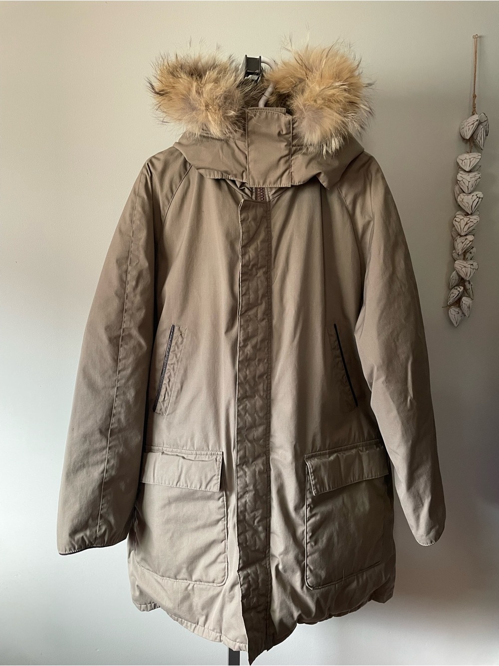 Vintage Down Feather Oversized Puffer Coat Parka Mens Genuine Fur Hood Tan Large